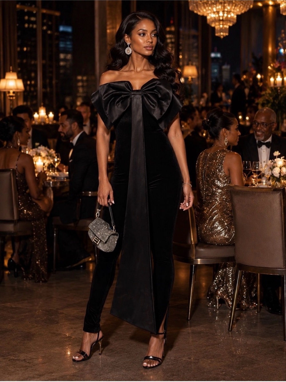 AKIRA Black Off-Shoulder Velvet Jumpsuit with Statement Bow